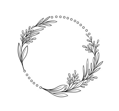Botanik çerçeve kavramı. Metin için boş alan. Ödül ve ödül. Çelenk ve yapraklar. Sosyal ağlar ve kuryeler için etiket. Beyaz arkaplanda izole edilmiş doğrusal düz vektör çizimi