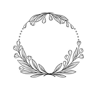 Botanik çerçeve kavramı. Metin ve yazıtlar için boş alan. Yuvarlak ve yuvarlak yapraklı çelenk. Sosyal medya etiketi. Beyaz arkaplanda izole edilmiş doğrusal düz vektör çizimi