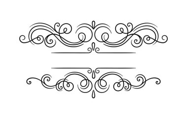 Kaligrafik çerçeve kavramı. Antika kitaplar için ayrıştırıcı. Rokoko ve barok girdabı. Şablon ve düzen. Beyaz arkaplanda izole edilmiş doğrusal düz vektör çizimi