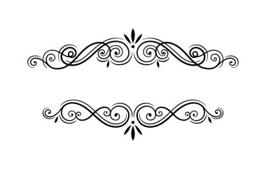 Kaligrafik çerçeve kavramı. Antika kitaplar için ayrıştırıcı. Tipografi ve edebiyat. Web sitesi için grafik ögesi. Beyaz arkaplanda izole edilmiş doğrusal düz vektör çizimi