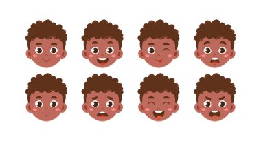 Karakter erkek kulaklığı. Farklı ruh halleri olan Afrikalı Amerikalı bir çocuk. Canlandırma için toplanın. Sosyal ağlar ve kuryeler için çıkartmalar. Çizgi film düz vektör koleksiyonu beyaz arkaplanda izole edildi