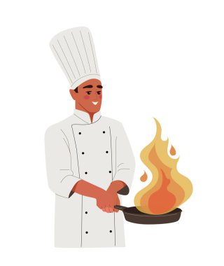 Yemek konsepti olan aşçı şefi. Önlüklü ve tavalı beyaz şapkalı bir adam. Kafe ya da restoran çalışanları. Yemek şirketi işçisi. Çizgi film düz vektör çizimi beyaz arkaplanda izole edildi