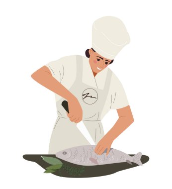 Yemek konsepti olan aşçı şefi. Önlüklü, beyaz şapkalı, bıçaklı ve balıklı bir adam. Kafe ya da restoran çalışanları. Sosyal medya etiketi. Çizgi film düz vektör çizimi beyaz arkaplanda izole edildi