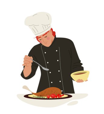 Yemek konsepti olan aşçı şefi. Önlüklü ve tavuk bacaklı beyaz şapkalı bir adam. Kafe ya da restoran çalışanları. Şablon ve maket. Çizgi film düz vektör çizimi beyaz arkaplanda izole edildi