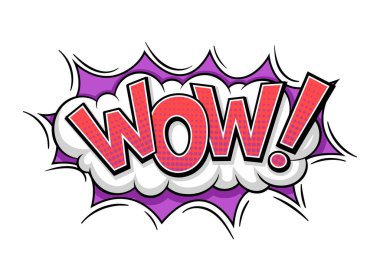 Komik konuşma balonu konsepti. Kırmızı yazıtlı mor bulutlar. Retro ve funky tarzı. Şablon ve düzen. Çizgi film düz vektör çizimi beyaz arkaplanda izole edildi