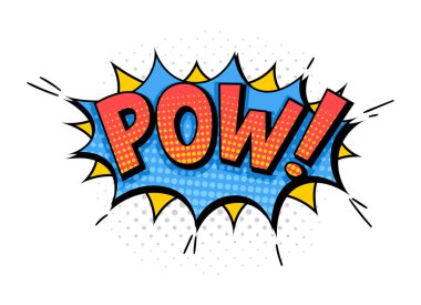 Komik konuşma balonu konsepti. Üzerinde pow kırmızı yazı olan mavi bulutlar. Retro ve eski tarz. Web sitesi için grafik ögesi. Çizgi film düz vektör çizimi beyaz arkaplanda izole edildi