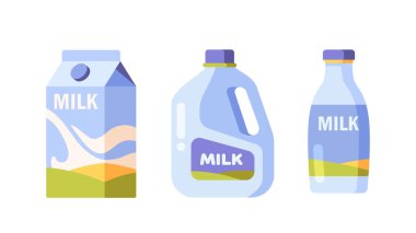 Süt ürünleri seti. Doğal ve organik süt yemek. Karton ve plastik paketler. Sosyal ağlar ve kuryeler için etiket. Çizgi film düz vektör koleksiyonu beyaz arkaplanda izole edildi