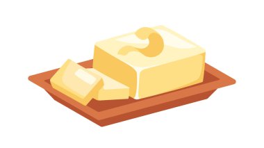 Süt ürünleri seti. Doğal ve organik süt yemek. Tahtada dilimlenmiş tereyağı. Web sitesi afişi ya da afişi. Çizgi film düz vektör koleksiyonu beyaz arkaplanda izole edildi