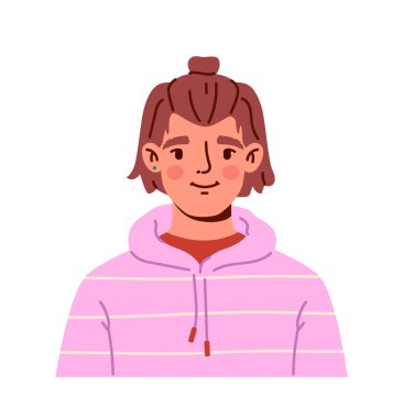 Çeşitli insan portresi konsepti. Pembe ceketli kadın. Gündelik giysiler içinde bir genç. Sosyal ağlar ve web sitesi için kadın kullanıcı Avatar 'ı. Çizgi film düz vektör çizimi beyaz arkaplanda izole edildi