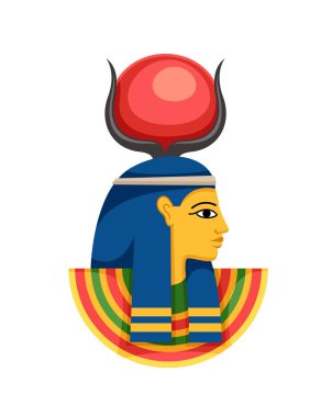Mısır sembolü konsepti. Mısır kültürü ve tarihi. Dişi tanrıça heykeli. Sosyal ağlar ve kuryeler için etiket. Çizgi film düz vektör çizimi beyaz arkaplanda izole edildi