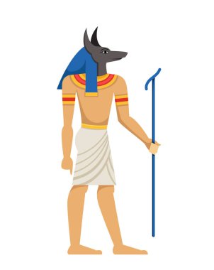 Mısır sembolü konsepti. Mısır kültürü ve tarihi. Tanrı 'nın heykeli. Kurt başlı adam, Ra. Şablon ve düzen. Çizgi film düz vektör çizimi beyaz arkaplanda izole edildi