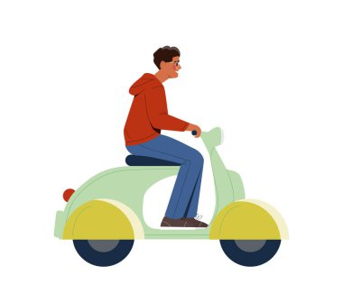 Elektro taşıma konsepti. Çevre dostu scooter 'daki adam. Doğa ve ekolojiye önem ver. Elektrik ve güç. Poster ya da afiş. Çizgi film düz vektör çizimi beyaz arkaplanda izole edildi