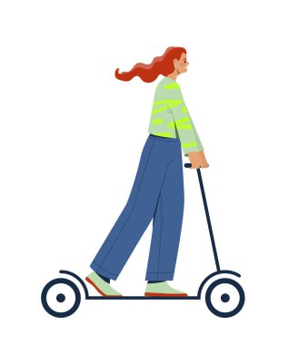 Elektro taşıma konsepti. Çevre dostu scooter 'daki kadın. Doğa ve ekolojiye önem ver. Aktif yaşam tarzı ve spor, gezi. Çizgi film düz vektör çizimi beyaz arkaplanda izole edildi