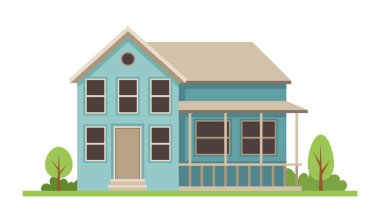 Çeşitli şehir evleri. Çitli mavi bina. Dış görünüş ve dış görünüş. Şehir mimarisi, inşaat. Şablon ve düzen. Çizgi film düz vektör çizimi beyaz arkaplanda izole edildi