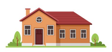 Çeşitli şehir evleri. Ağaçları ve çalıları olan bej bir bina. Dış görünüş ve dış görünüş. Ev ve daire. Web sitesi afişi ya da afişi. Çizgi film düz vektör çizimi beyaz arkaplanda izole edildi