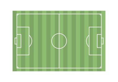 Futbol unsuru çıkartması. Yeşil alanın en üst manzarası. Turnuva ve yarışmalar. Maç için arena. Poster ya da afiş. Çizgi film düz vektör çizimi beyaz arkaplanda izole edildi