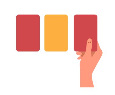 Futbol unsuru çıkartması. Kırmızı ve sarı kartlı bir el. Turnuva ve yarışmalar. Hakem ekipmanı. Şablon ve düzen. Çizgi film düz vektör çizimi beyaz arkaplanda izole edildi