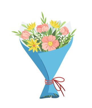 Çiçekli buket. Romantik hediye ya da hediye, Sevgililer Günü 'nde sürpriz. Çiçek açan bitkiler ambalaj kağıdında. Çizgi film düz vektör çizimi beyaz arkaplanda izole edildi