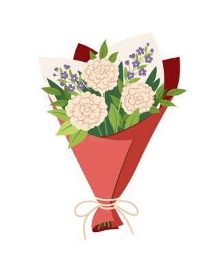 Çiçekli buket. Romantik hediye ya da hediye, Sevgililer Günü 'nde sürpriz. Evlilik yıldönümü. Şablon ve düzen. Çizgi film düz vektör çizimi beyaz arkaplanda izole edildi