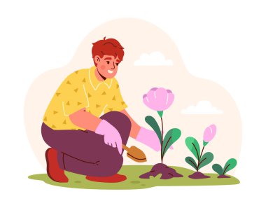 Erkek bahçıvanlığı konsepti. Pembe bitki ve çiçeklerin yanında küreği olan genç bir adam. Tarım, bahçıvanlık, botanik. Poster ya da afiş. Çizgi film düz vektör çizimi beyaz arkaplanda izole edildi