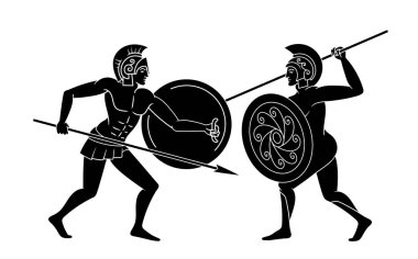 Yunan kültürü siyah sahnesi. Kalkanları ve mızrakları olan iki adam. Antik uygarlığın tarihi ve yaratıcılığı. Poster ya da afiş. Çizgi film düz vektör çizimi beyaz arkaplanda izole edildi