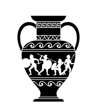 Greek culture black scene. Ceramic vase with patterns. Creativity of medieval Era. Kitchen utensil and dishware. Poster or banner. Cartoon flat vector illustration isolated on white background clipart