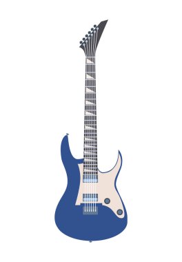 Çeşitli gitar etiketleri. Gitaristler için elektrikli müzik aleti. Yaratıcılık, sanat ve müzik. Rock 'n roll, caz. Poster ya da afiş. Çizgi film düz vektör çizimi beyaz arkaplanda izole edildi