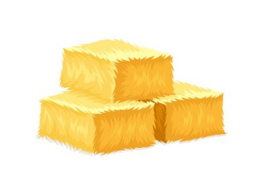 Samanlık sarısı konsept. Tarım ve tarım. Küp küpler halinde hasat et ve hasat et. Sosyal ağlar ve kuryeler için etiket. Çizgi film düz vektör illüstrasyonuName