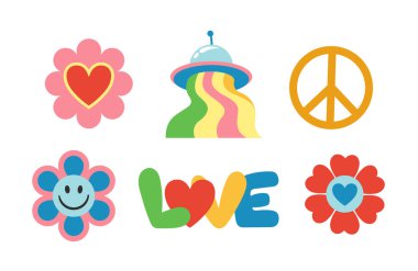 Hippi çıkartmaları hazır. Retro tarzı, 80 'lere ve 90' lara kadar gidiyor. Barış işareti, UFO ve aşk yazıtı. Web sitesi için grafiksel öğeler. Çizgi film düz vektör koleksiyonu beyaz arkaplanda izole edildi