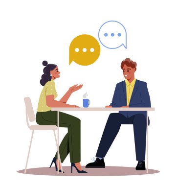 İş toplantısı konsepti. Erkek ve kadın iş akışı hakkında konuşuyor. Genç ortaklar masada oturuyor. Web sitesi için grafik ögesi. Çizgi film düz vektör çizimi beyaz arkaplanda izole edildi