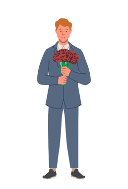 Adam çiçek sahnesi veriyor. Elinde gül buketi olan genç bir adam. Romantik hediye ve sürpriz. Web sitesi için grafik ögesi. Çizgi film düz vektör çizimi beyaz arkaplanda izole edildi