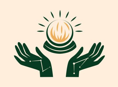 Boho tarzında mistik bir hayvan. Kristal küreli yeşil eller. Gizemcilik, ezoterizm, okültizm. Çizgi film düz vektör çizimi bej arkaplanda izole edildi