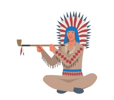 Amerikan yerlisi. Flüt ve tüylü bir adam. Geleneksel kostümlü biri. Tarih ve kültür. Poster ya da afiş. Çizgi film düz vektör çizimi beyaz arkaplanda izole edildi