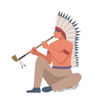 Amerikan yerlisi. Flüt ve tüylü bir adam. Geleneksel kostümlü biri. Tarihi bir sahne. Şablon ve düzen. Çizgi film düz vektör çizimi beyaz arkaplanda izole edildi