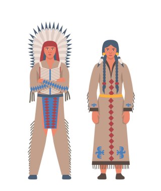 Amerikan yerlisi. Tüylü kadın ve erkek. Geleneksel kostümlü insanlar. Poster ya da afiş. Çizgi film düz vektör çizimi beyaz arkaplanda izole edildi