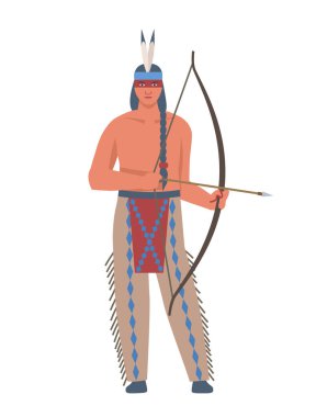 Amerikan yerlisi. Yayı ve tüyleri olan adam. Geleneksel kostümlü biri. Eski savaşçı. Poster ya da afiş. Çizgi film düz vektör çizimi beyaz arkaplanda izole edildi