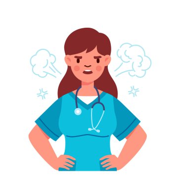 Üniformalı kadın hemşire. Steteskoplu mavi üniformalı bir kadın. Sinirli karakter doktoru. Olumsuz duygu ve duygular. Çizgi film düz vektör çizimi beyaz arkaplanda izole edildi