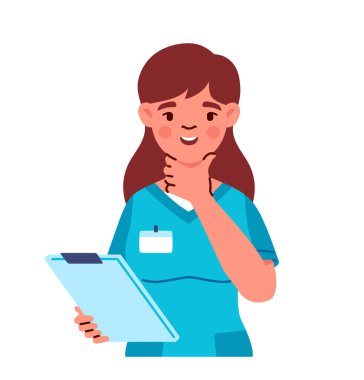 Üniformalı kadın hemşire. Steteskoplu mavi üniformalı bir kadın. Doktor hastayı düşün. Ders kitabı olan genç bir kız. Poster ya da afiş. Çizgi film düz vektör çizimi beyaz arkaplanda izole edildi