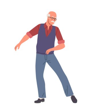 Yaşlı insan dans konsepti. Gözlüklü yaşlı adam dans ediyor. Aktif yaşam tarzı ve boş zaman. Emekliler eğleniyor. Sosyal medya etiketi. Çizgi film düz vektör çizimi beyaz arkaplanda izole edildi