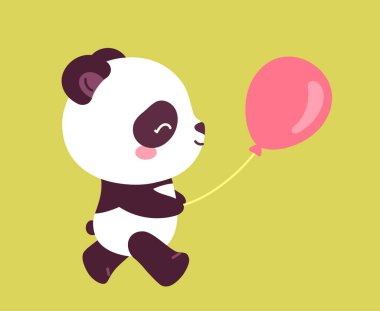 Şirin panda çıkartması. Pembe hava balonlu sevimli Asya tüylü hayvanı. Vahşi yaşam ve hayvanlar, zooloji. Şablon ve düzen. Çizgi film düz vektör çizimi yeşil arkaplanda izole edildi