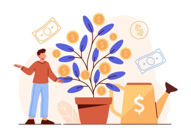 Pasif gelir kavramı olan bir adam. Elinde su kovası olan genç adam para ağacının yanında. Finansal okuryazarlık ve meslek. Ekonomi ve ticaret, yatırım. Poster ya da afiş. Çizgi film düz vektör çizimi