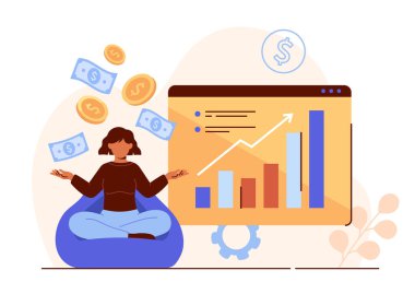 Pasif gelir kavramı olan bir kadın. Grafiklerin ve diyagramların yanındaki genç kız. Bilgi grafikleri ve veri görselleştirmesi. Ekonomi ve ticaret, yatırım. Şablon ve düzen. Çizgi film düz vektör çizimi