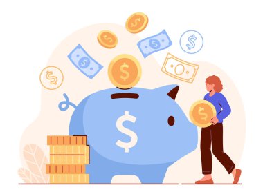 Pasif gelir kavramı olan bir kadın. Domuz bannk 'ın yanında altın paralı genç bir kız. Finansal okuryazarlık. Bütçe ve tasarruf. Web sitesi için grafik ögesi. Çizgi film düz vektör çizimi
