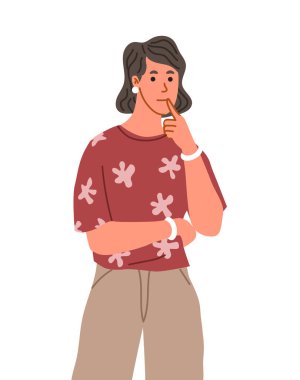 Düşünceli insan konsepti. Düşünceli bir genç kız. Yüz ifadeleri, jestler, duygular. Sıradan giyinmiş bir kadın. Şablon ve düzen. Çizgi film düz vektör çizimi beyaz arkaplanda izole edildi