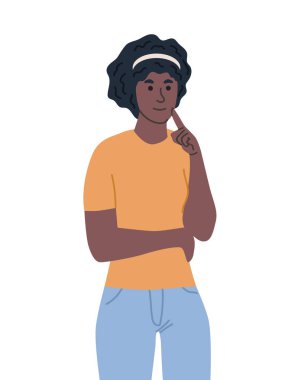 Düşünceli insan konsepti. Sıradan giysiler içinde düşünceli bir genç kız. Yüz ifadeleri, jestler, duygular. Web sitesi afişi ya da afişi. Çizgi film düz vektör çizimi beyaz arkaplanda izole edildi