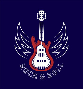 Dövme için taş baskısı. Rock and roll yazılı elektro gitar. Retro tarzı, 80 'lere ve 90' lara kadar gidiyor. Web sitesi için grafik ögesi. Çizgi film düz vektör çizimi mavi arkaplanda izole edildi