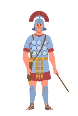 Antik Roma insanı. Tarih ve kültür. Zırhlı bir adam. Savaşçı ve gladyatör. Web sitesi için grafik ögesi. Çizgi film düz vektör çizimi beyaz arkaplanda izole edildi