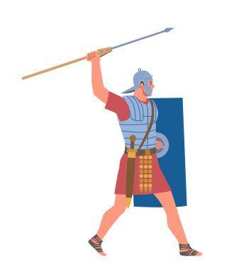 Antik Roma insanı. Tarih ve kültür. Mızraklı ve zırhlı bir adam. Savaşçı ve gladyatör. Silahlı çatışma ve savaş. Çizgi film düz vektör çizimi beyaz arkaplanda izole edildi