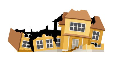 Yıkık dökük bina. Felaket ve felaketten sonra sarı ev. Şablon ve düzen. Yıkım, yıkım, yıkım. Çizgi film düz vektör çizimi beyaz arkaplanda izole edildi