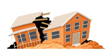 Yıkık dökük bina. Felaket ve felaketten sonra Portakal evi. Sosyal ağlar için etiket. Yıkım ve yıkım. Çizgi film düz vektör çizimi beyaz arkaplanda izole edildi